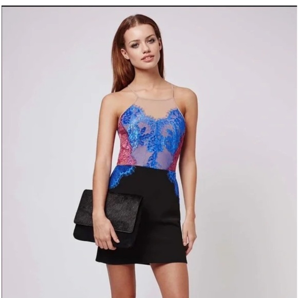 Topshop Blue and Pink Lace Backless Mini Dress Size 2 - Picture 2 of 7